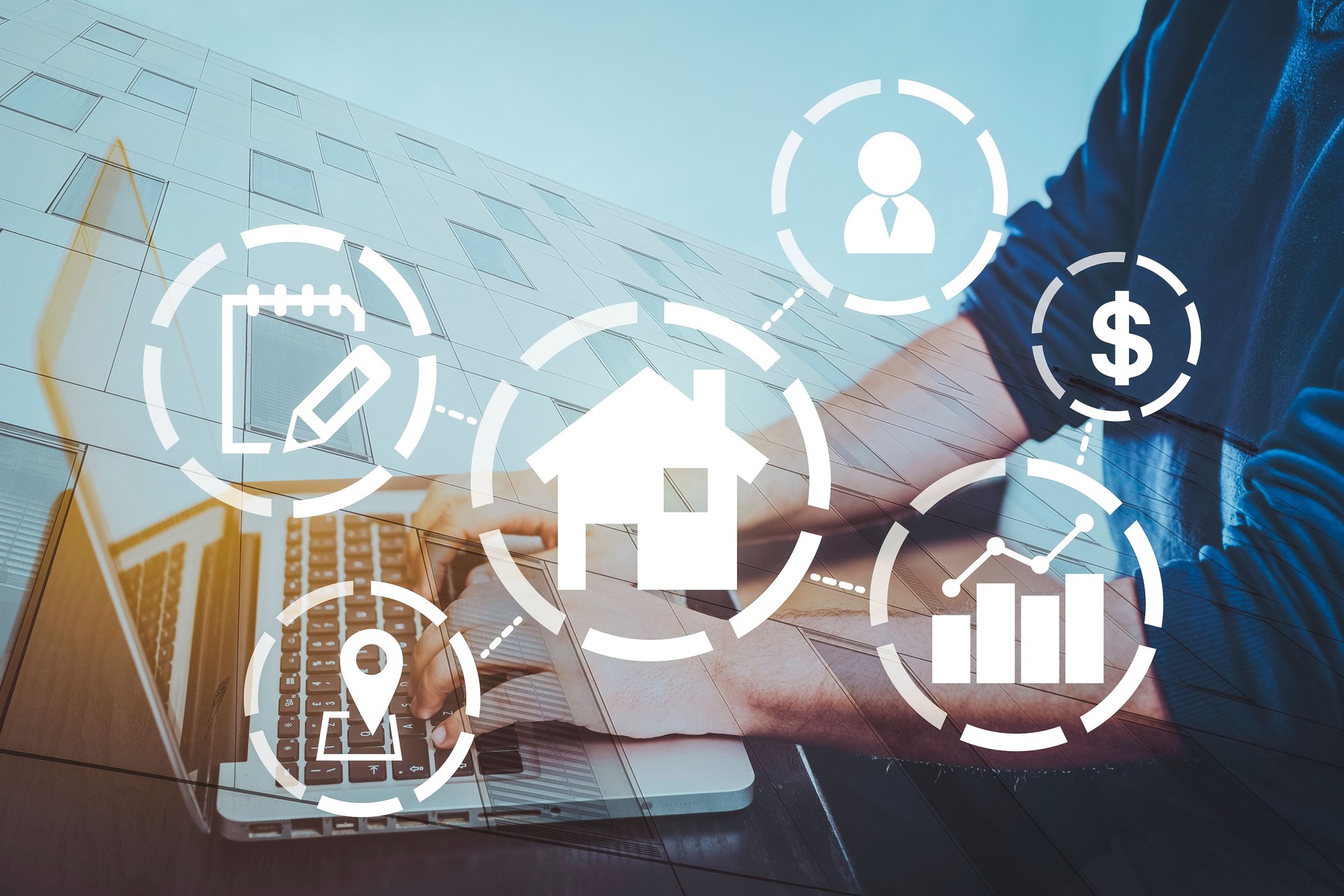 real estate concept, property value diagram, with a man in background typing on computer, buy a house